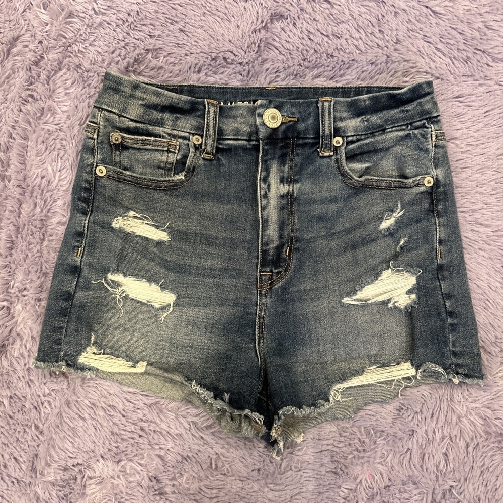AMERICAN EAGLE CURVY‎ HI RISE SHORTIE JEAN  Distressed SIZE 4 STRETCH DENIM